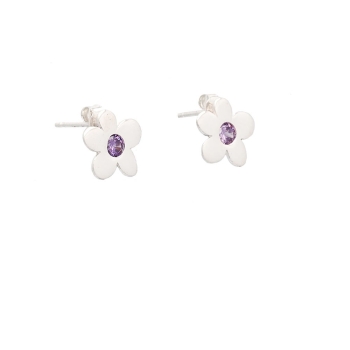 Pendientes de plata en forma de flor de aproximadamente 12x12mm con circonitas en color amatista y tuercas de presión. Combina e 2