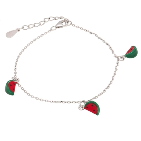 Pulsera de Plata de ley rodiada donde tres rodajas de sandía esmaltadas cuelgan de una finita cadena.