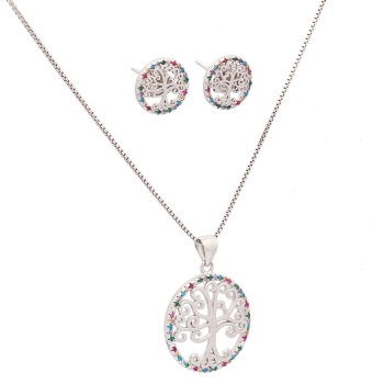 Conjunto de pendientes y gargantilla en plata de ley rodiada con un precioso motivo de árbol de la vida rodeado de un cuajado de 2