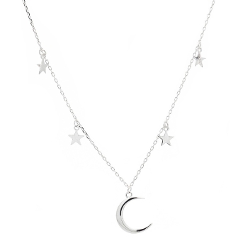 Gargantilla de Plata de Ley donde una luna cuelga de una fina cadenita, rodeada de pequeñas estrellas. Sienta fenomenal.