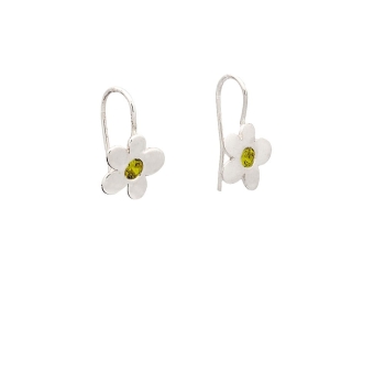 Pendientes de plata en forma de flor de aproximadamente 12x12mm con circonitas en color olivina y ganchos hippie. Largo total 20 2
