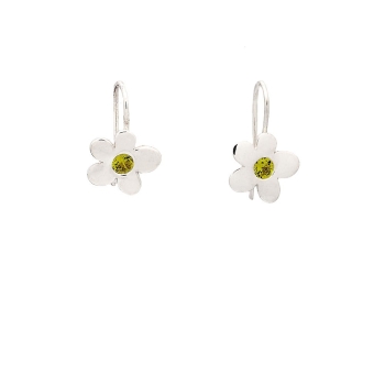 Pendientes de plata en forma de flor de aproximadamente 12x12mm con circonitas en color olivina y ganchos hippie. Largo total 20