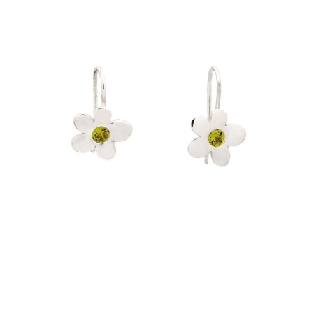Pendientes de plata en forma de flor de aproximadamente 12x12mm con circonitas en color olivina y ganchos hippie. Largo total 20 Pendientes de plata en forma de flor de aproximadamente 12x12mm con circonitas en color olivina y ganchos hippie. Largo total 20