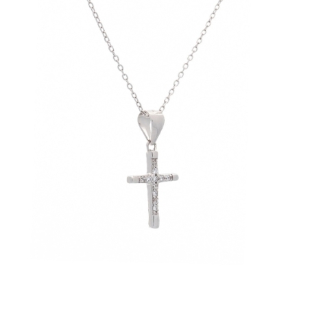 Pequeña y preciosa cruz de 16x10,7mm en Plata de Ley rodiada y circonitas blancas con una fina cadena de 40cm. Ideal para tu loo