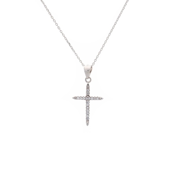 Colgante Cruz de 22,2x14,1 mm en Plata de Ley rodiada y circonitas blancas con una fina cadena de 40cm. Muy adecuada para regala