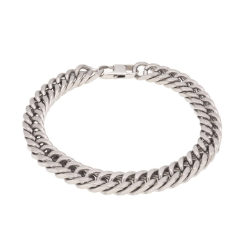 Pulsera de acero de 8,5mm de ancha con cadena barbada tipo cubana en 21cm de largo total con cierre de uñeta integrada.