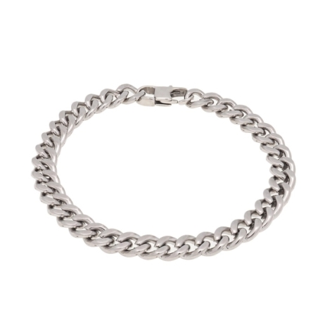 Pulsera de acero de 7,5mm de ancha con cadena barbada en 21cm de largo total con cierre de uñeta integrada.