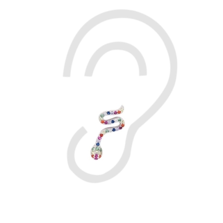 Preciosos pendientes trepadores en Plata de Ley rodiada con circonitas multicolor, dibujando una serpiente que reptará inocentem