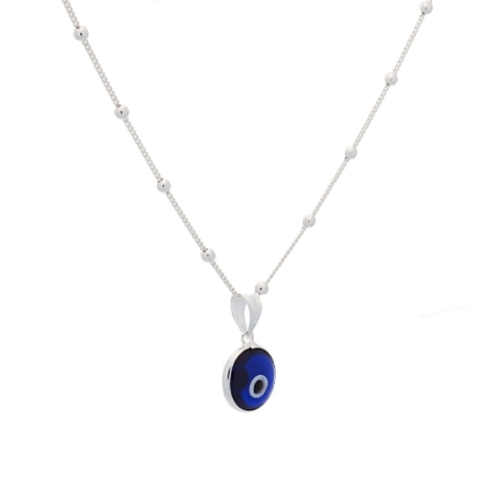 Colgante de plata de Ley con cristal de murano en azul intenso y blanco con forma de ojo turco, en una cadena con bolitas interc