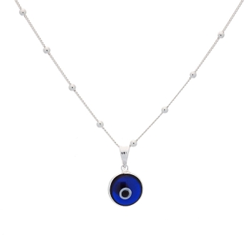 Colgante de plata de Ley con cristal de murano en azul intenso y blanco con forma de ojo turco, en una cadena con bolitas interc