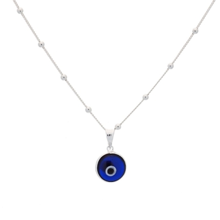 Colgante de plata de Ley con cristal de murano en azul intenso y blanco con forma de ojo turco, en una cadena con bolitas interc