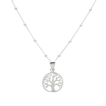 Colgante Plata de Ley con sencilla silueta de árbol de la vida en una fina cadena de 40cm con bolitas intercaladas que destaca p