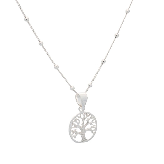 Colgante Plata de Ley con sencilla silueta de árbol de la vida en una fina cadena de 40cm con bolitas intercaladas que destaca p