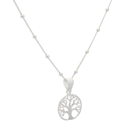 Colgante Plata de Ley con sencilla silueta de árbol de la vida en una fina cadena de 40cm con bolitas intercaladas que destaca p