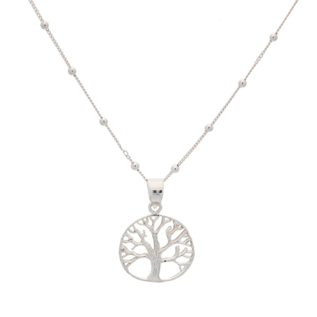 Colgante de Plata de Ley con sencilla silueta de árbol de la vida en una fina cadena de 40cm con bolitas intercaladas que destac