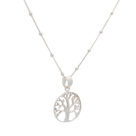 Colgante de Plata de Ley con sencilla silueta de árbol de la vida en una fina cadena de 40cm con bolitas intercaladas que destac