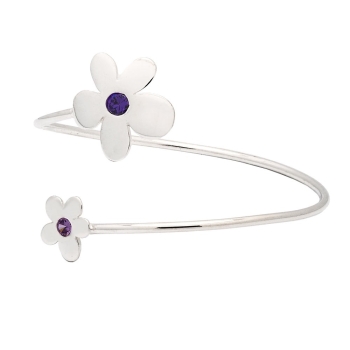 Pulsera brazalete de plata con dos flores, una mas grande (20x20mm) y la otra algo mas pequeña (12x12mm), con circonitas en colo