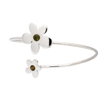 Pulsera brazalete de plata con dos flores, una mas grande (20x20mm) y la otra algo mas pequeña (12x12mm), con circonitas en colo