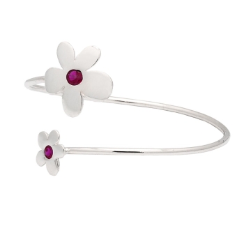 Pulsera brazalete de plata con dos flores, una mas grande (20x20mm) y la otra algo mas pequeña (12x12mm), con circonitas en colo