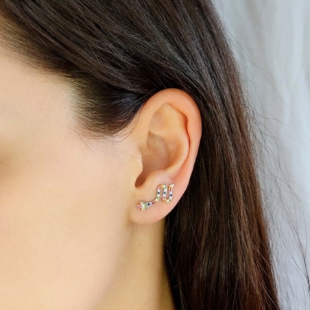 Preciosos pendientes trepadores en Plata de Ley rodiada con circonitas multicolor, dibujando una serpiente que reptará inocentem