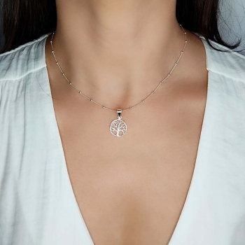 Colgante Plata de Ley con sencilla silueta de árbol de la vida en una fina cadena de 40cm con bolitas intercaladas que destaca p 2
