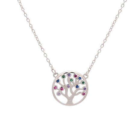 Gargantilla de Plata de Ley Rodiada y Circonitas donde un árbol de ramas ondulantes rematadas con multiples circonitas multicolo