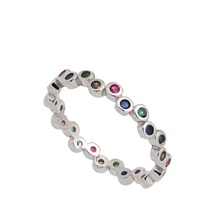 Anillo de Plata de Ley compuesto por multiples chatoncitos, con circonitas multicolores, que se unen entre sí a lo largo de todo