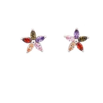 Pendientes de Plata de Ley rodiada con circonitas en talla marquís en distintos colores que forman los pétalos de esta preciosa