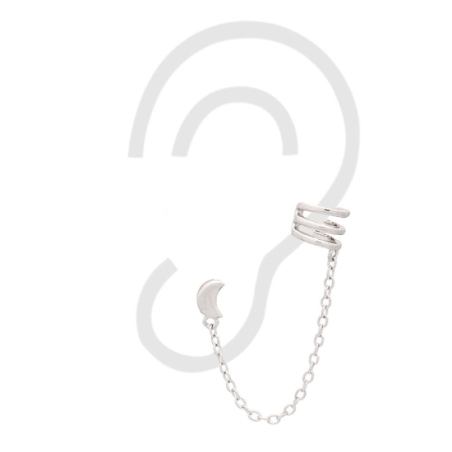 Pendiente de Plata de Ley rodiada doble unido por cadena. Una pieza es una pequeña Luna, que la puedes poner en el lóbulo y unid