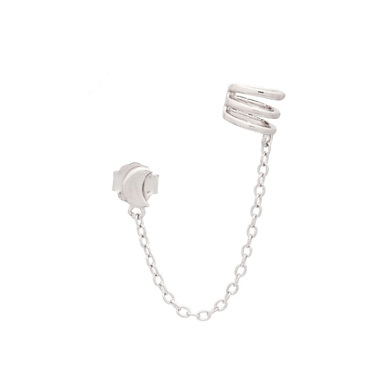 Pendiente de Plata de Ley rodiada doble unido por cadena. Una pieza es una pequeña Luna, que la puedes poner en el lóbulo y unid