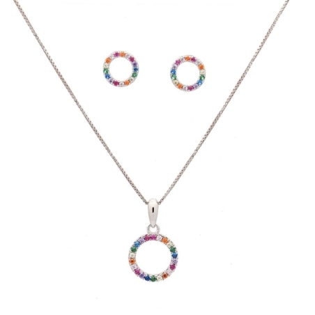 Conjunto de Plata de Ley Rodiado que se distingue por su sencillez compuesto or un círculo de circonitas multicolores engastadas