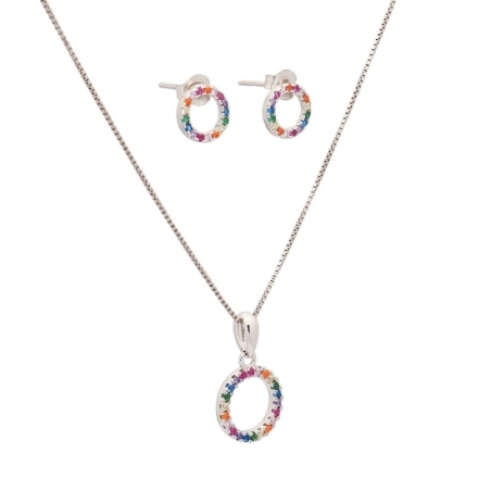 Conjunto de Plata de Ley Rodiado que se distingue por su sencillez compuesto or un círculo de circonitas multicolores engastadas