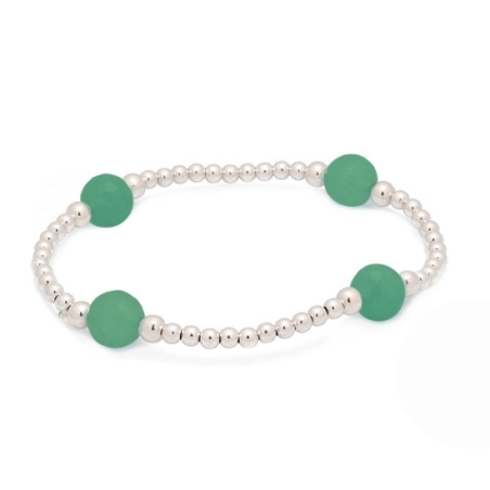 Pulsera de bolitas de Plata de Ley de 3 y 4mm enfiladas en hilo de silicona con 4 bolas facetadas de 8mm de Ágata verde que comp