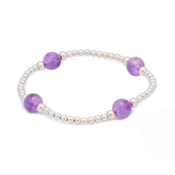 Pulsera de bolitas de Plata de Ley de 3 y 4mm enfiladas en hilo de silicona con 4 bolas de 8mm de Amatista facetadas , componen 