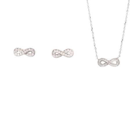 Conjunto de plata rodiada con el símbolo de infinito realizado con circonitas blancas engastadas en carril, formado por pendient