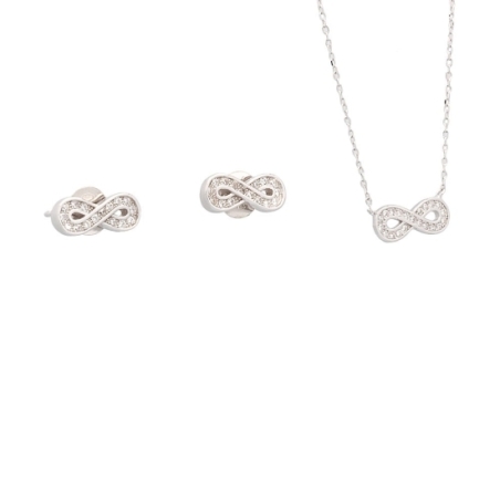 Conjunto de plata rodiada con el símbolo de infinito realizado con circonitas blancas engastadas en carril, formado por pendient