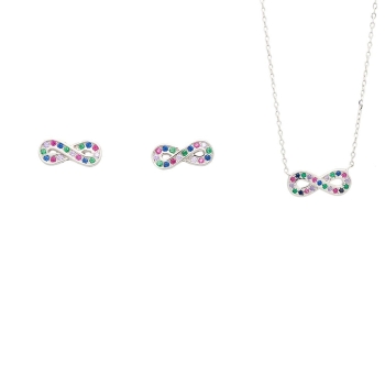 Conjunto de plata rodiada con el símbolo de infinito realizado con circonitas multicolor engastadas en carril, formado por pendi