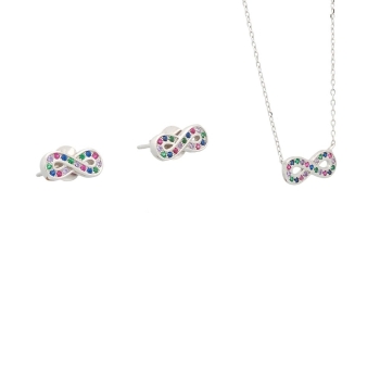 Conjunto de plata rodiada con el símbolo de infinito realizado con circonitas multicolor engastadas en carril, formado por pendi 2