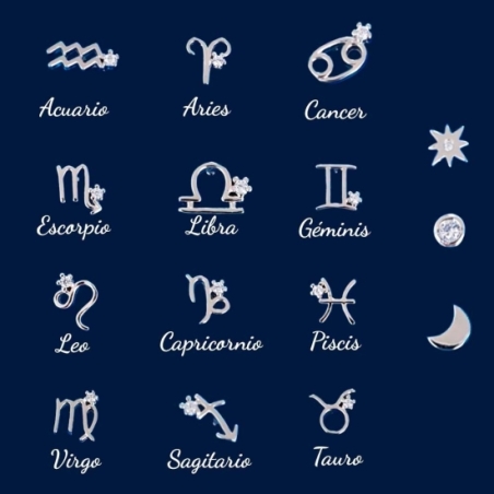 Cuatro pequeños pendientes de plata rodiada con circonitas componen este pack: una estrella, una lunita creciente y un chatoncit