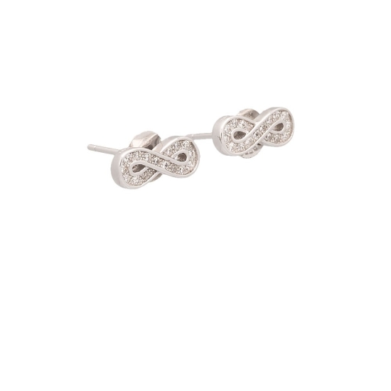 Pendientes de Plata de Ley rodiada, con un armonioso símbolo de infinito formado por circonitas blancas engastadas en carril, ca