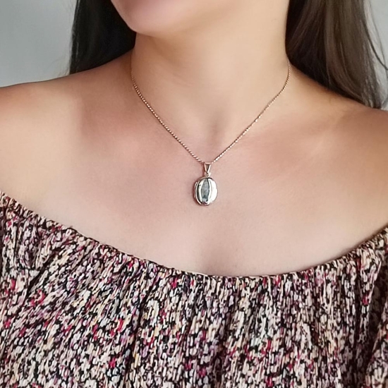 Clásico colgante guardapelo en Plata de Ley que no pierde su actualidad. Este que te presentamos de forma oval, con un diámetro 