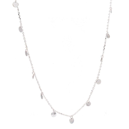 Preciosa gargantilla de Plata de Ley con 13 chapitas de 4mm que cuelgan de una sutil cadena de 38cm más 4cm de cadenita para de 