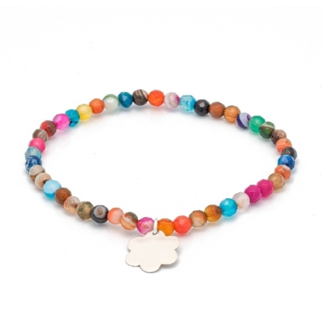 Sencilla y alegre pulsera de pequeñas bolas facetadas de Ágatas multicolores de 3mm enfiladas en silicona, en18cm de diámetro de