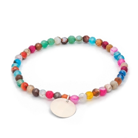 Sencilla y alegre pulsera de pequeñas bolas facetadas de Ágatas multicolores de 3mm enfiladas en silicona, en18cm de diámetro de