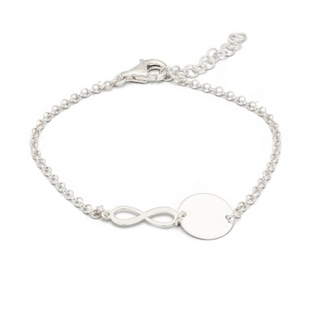 Pulsera de Plata de Ley con un motivo de infinito al lado de una chapa de 11,5mm de diámetro y centrados en una sencilla cadena 