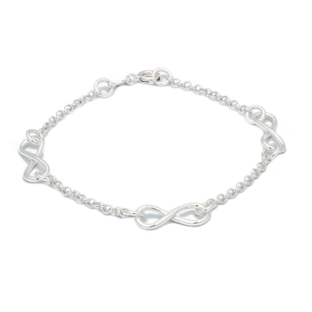 Pulsera Plata de ley con cadena rolo, de un largo total de 18cm y tres infinitos moldeados de 17x7mm intercalados en ella para c