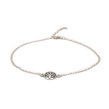 Tobillera de Plata de Ley con motivo de árbol de la vida de 11mmØ en el centro de una delicada cadena, con 23cm más 3cm de caden