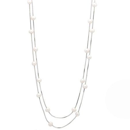 Collar gargantilla de Plata de Ley rodiada de dos vueltas donde 18 perlas naturales de 6/7mmØ se ensartan en dos cadenas cola de