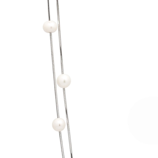 Collar gargantilla de Plata de Ley rodiada de dos vueltas donde 18 perlas naturales de 6/7mmØ se ensartan en dos cadenas cola de