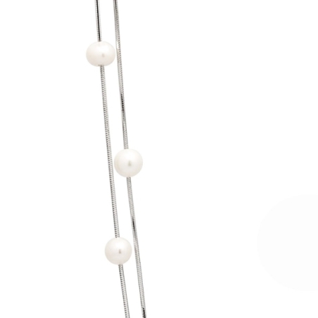 Collar gargantilla de Plata de Ley rodiada de dos vueltas donde 18 perlas naturales de 6/7mmØ se ensartan en dos cadenas cola de